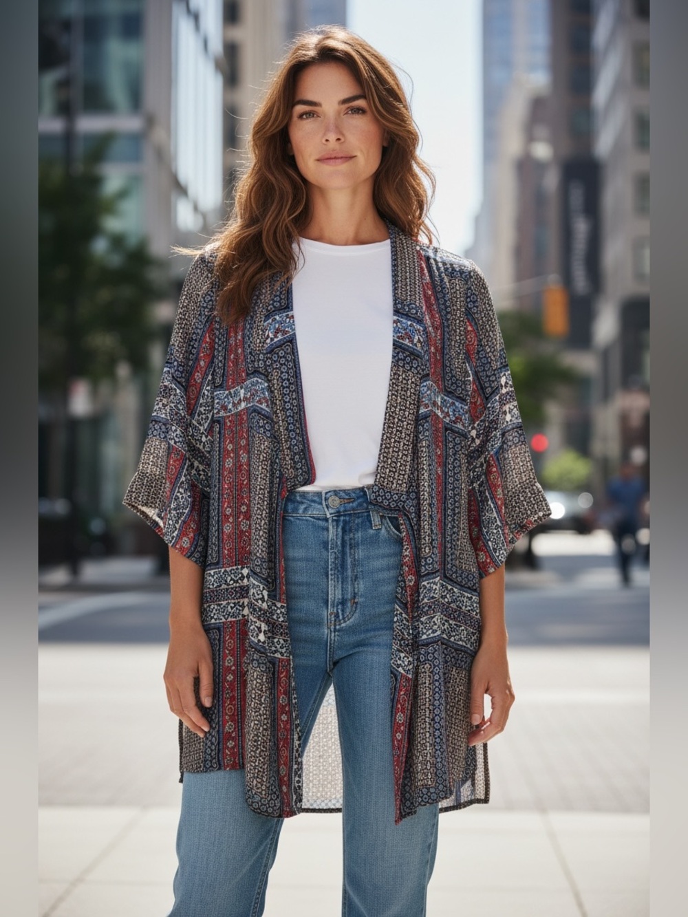 Tahari, Kimono Cardigan, L / XL, Blue Red Paisley Boho Open Front Lightweight